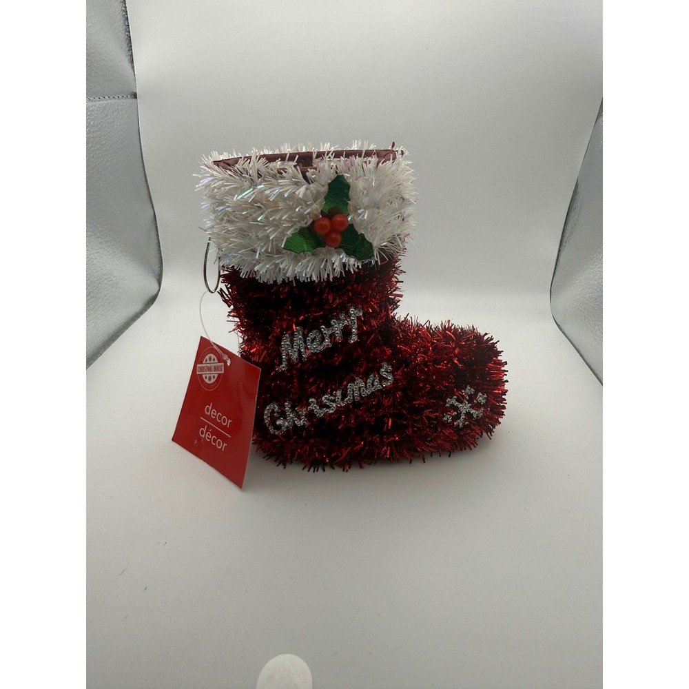 Christmas House Red Tinsel Boot Decor Merry Christmas Holly Ornament 6 Inch NWT